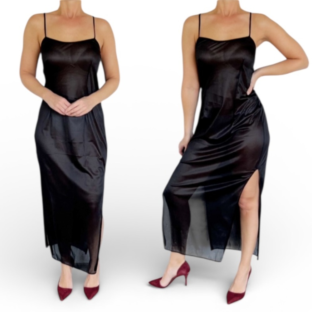 Vintage black nylon mesh sheer spaghetti strap chemise slip dress size 8